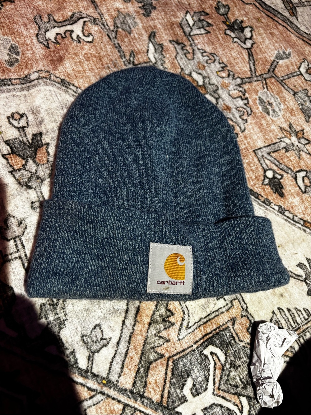 Carhartt Blue Knit Cuffed Beanie with Gold Logo Patch